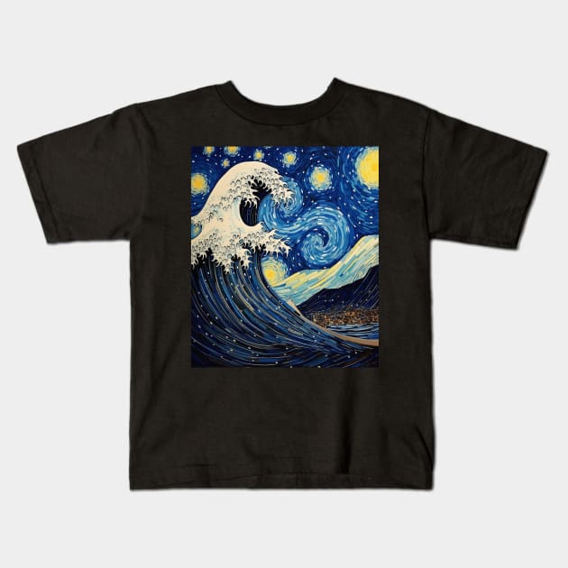 Great Wave off Kanagawa with Starry Nights van Gogh Kids T-Shirt by EVCO Smo